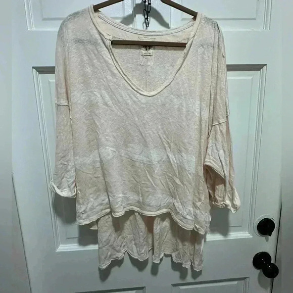 Free People FP Green Team Painted Linen Cotton Blend Tee Size Small EUC - Picture 7 of 7